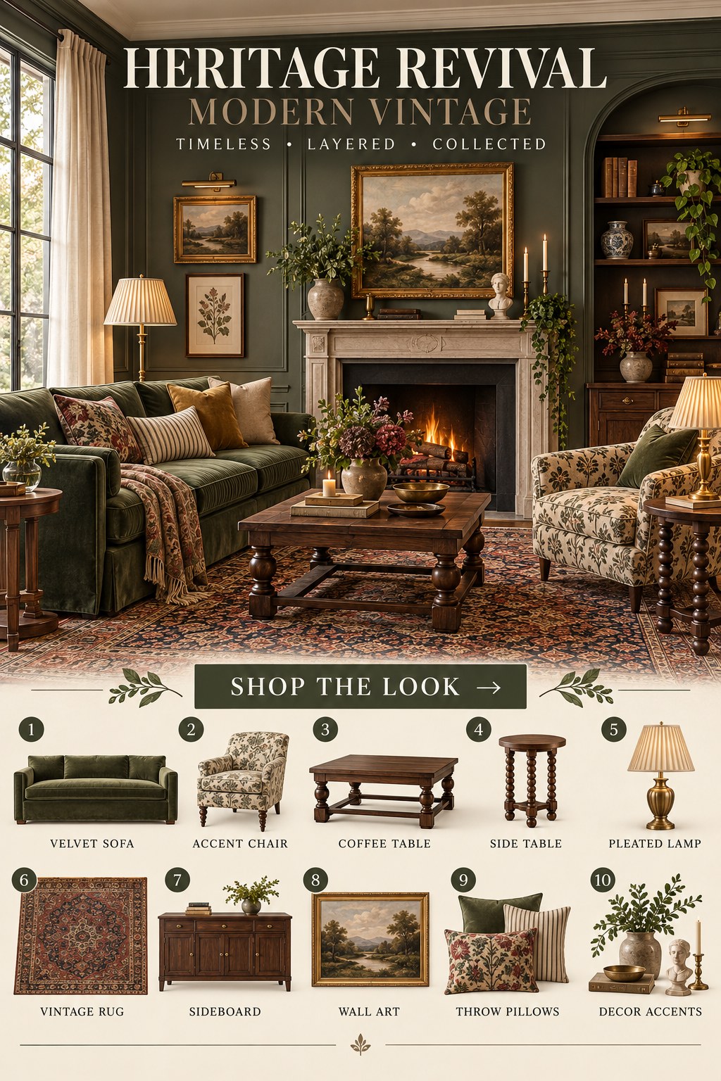 Heritage Revival Modern Vintage Living Room — AI-generated concept with shoppable products
