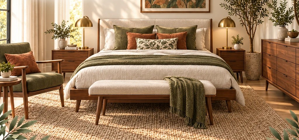 Mid-Century Modern Bedroom — AI-generated concept with shoppable products