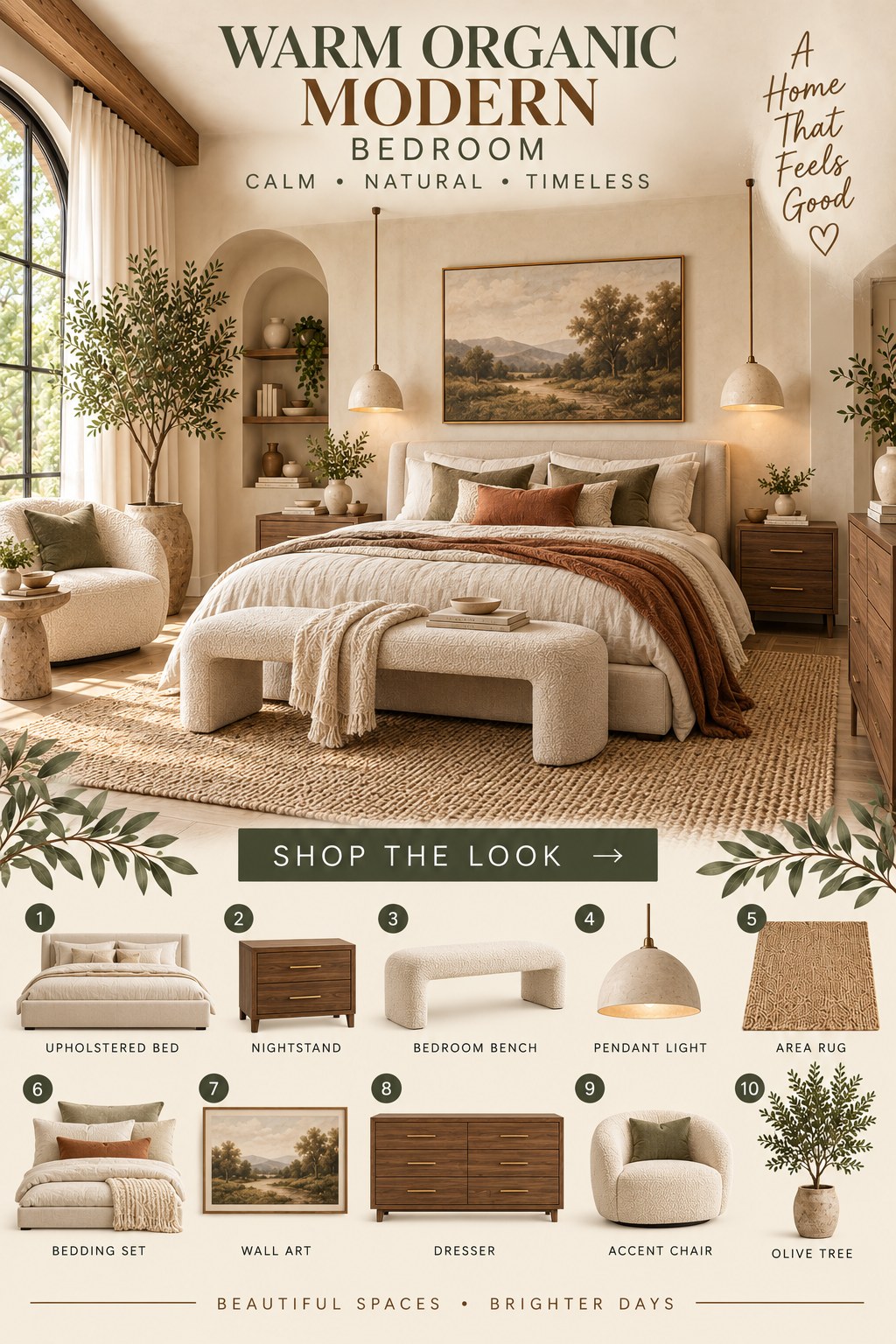 Warm Organic Modern Bedroom — AI-generated concept with shoppable products