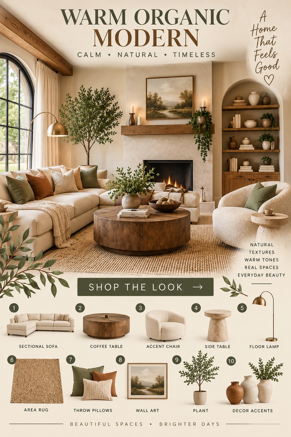Warm Organic Modern Living Room — AI-generated concept with shoppable products